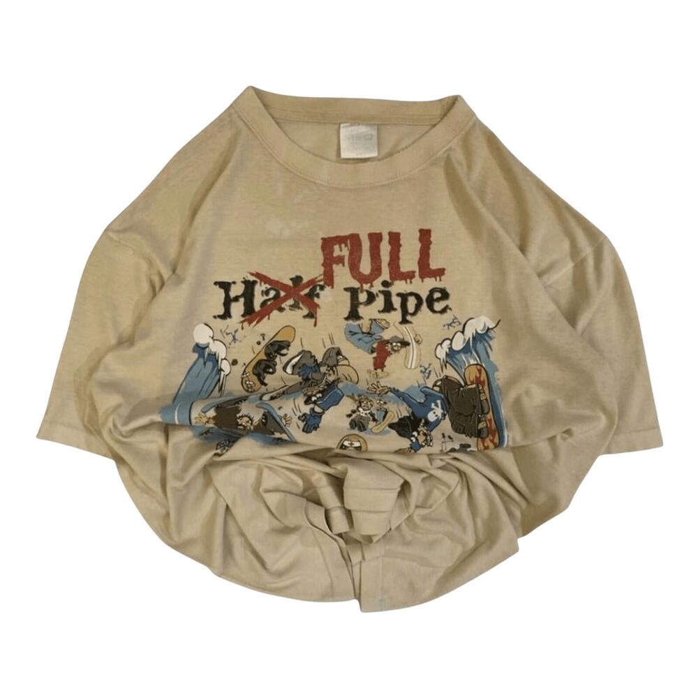Med Men's Full Pipe 1990's Skateboard Graphic Short Sleeve T Shirt Beige M